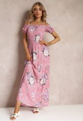 Różowa Sukienka Maxi z Ozdobnym Dekoltem i Cienkimi Gumkami Nesaina. Fioletowe sukienki damskie Renee, bez wzorów, bez ramiączek. W wyprzedaży za 39.99 zł.