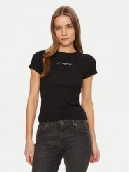 Guess Jeans T-Shirt W5RI57 KA0H1 Czarny Slim Fit. Czarne t-shirty damskie Guess Jeans, l, z aplikacjami, z bawełny, bez kołnierzyka. Za 99.99 zł.
