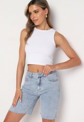 Jasnoniebieskie Szorty Jeansowe z Wysokim Stanem z Bawełny przed Kolano Neliyana. Niebieskie szorty damskie Born2be, bez wzorów, z bawełny, z podwyższonym stanem. Za 89.99 zł.