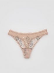 Majtki typu stringi z haftem - beżowy. Brązowe stringi Reserved, bez wzorów. Za 49.99 zł.