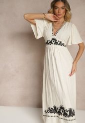 Beżowa Sukienka z Wiskozą Lnem i Haftowanym Wzorem Roniae. Brązowe sukienki damskie Renee, bez wzorów, z wiskozy, eleganckie, bez ramiączek. W wyprzedaży za 135.99 zł.