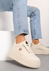 Beżowe Sznurowane Sneakersy na Grubej Tłoczonej Podeszwie z Aplikacją Tilinae. Brązowe obuwie sportowe damskie Born2be, z jeansu, bez zapięcia. Za 139.99 zł.