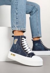 Granatowe Trampki na Platformie z Wysoką Cholewką z Haftem z Brokatem Elanitha. Niebieskie trampki damskie Renee, z aplikacjami, z jeansu, przed kolano, bez zapięcia. Za 99.99 zł.