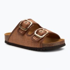 Klapki damskie Scholl Noelle Raffia. Brązowe klapki damskie Scholl, bez wzorów, z materiału, bez obcasa, bez zapięcia. Za 269.99 zł.