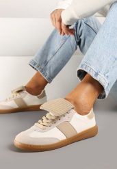 Beżowe Sznurowane Płaskie Sneakersy z Geometrycznym Wzorem Felilva. Brązowe obuwie sportowe damskie Renee, z jeansu, bez zapięcia. Za 74.99 zł.