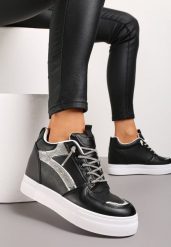 Czarne Sneakersy ze Wstawką z Cyrkonii na Ukrytym Koturnie Hricane. Czarne obuwie sportowe damskie Renee, bez zapięcia. Za 79.99 zł.