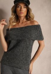 Ciemnoszary Sweter Top z Hiszpańskim Wywijanym Dekoltem z Wełną Inarose. Szare swetry klasyczne damskie Renee, m, z wełny, bez kołnierzyka. Za 89.99 zł.