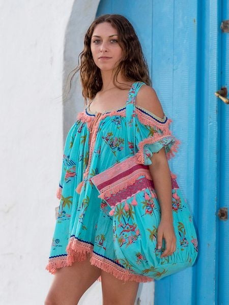 Isla Bonita by SIGRIS Bluzka w kolorze turkusowym ze wzorem rozmiar: XL. Niebieskie bluzki damskie Isla Bonita by SIGRIS, xl, bez wzorów, z bawełny, bez kołnierzyka, bez ramiączek. Za 79.40 zł.