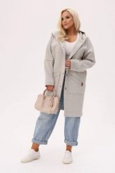 Dzianinowy płaszcz z kapturem Noor zapinany na guziki z kokosa PLUS SIZE XXL OVERSIZE. Szare płaszcze damskie Moda Size Plus Iwanek, na jesień, plus size, bez wzorów, z dzianiny, z kapturem. Za 329.90 zł.