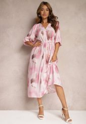 Różowa Wiskozowa Sukienka o Rozkloszowanym Kroju z Paskiem w Talii i Bufiastymi Rękawami Uranea. Czerwone sukienki damskie Renee, bez wzorów, z wiskozy, eleganckie, bez ramiączek. W wyprzedaży za 89.99 zł.