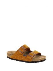 Birkenstock Skórzane klapki "Arizona" w kolorze jasnobrązowym rozmiar: 36. Brązowe klapki damskie Birkenstock, bez wzorów, z otwartym noskiem, bez obcasa, bez zapięcia. Za 384.95 zł.