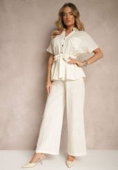 Jasnobeżowy Komplet z Wiskozy o Kroju Oversize Spodnie i Koszula z Paskiem Normell. Brązowe koszule damskie Renee, l, bez wzorów, z tkaniny, eleganckie, bez kołnierzyka, bez ramiączek. Za 189.99 zł.