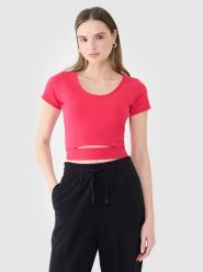 4F T-shirt crop top gładki damski - różowy L. Czerwone t-shirty damskie 4F, l, bez wzorów, z bawełny, bez kołnierzyka. W wyprzedaży za 19.99 zł.