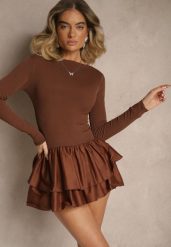 Brązowa Sukienka Longsleeve o Rozkloszowanym Kroju z Falbanką Reline. Brązowe sukienki damskie Renee, bez wzorów, klasyczne, bez ramiączek. Za 89.99 zł.