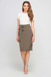 Khaki Spódnica Ołówkowa przed Kolano z Szarfą. Brązowe spódnice damskie Lanti, l, bez wzorów, z elastanu. Za 185.90 zł.