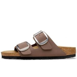 Klapki Birkenstock Arizona Big Buckle Birkibuc Damskie. Brązowe klapki damskie Birkenstock, bez wzorów, z nubiku, bez obcasa, bez zapięcia. Za 506.15 zł.