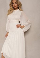 Jasnobeżowa Elegancka Sukienka w Stylu Vintage z Powlekanymi Guzikami i Marszczeniami Lefandia. Brązowe sukienki damskie Renee, bez wzorów, eleganckie, bez ramiączek. W wyprzedaży za 127.99 zł.