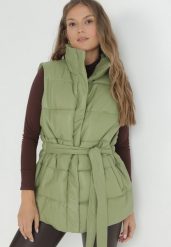 Zielona Kamizelka z Ekoskóry Pikowana z Wiązanym Paskiem Talos. Zielone kamizelki damskie Born2be, l, z aplikacjami, bez kaptura. Za 249.99 zł.