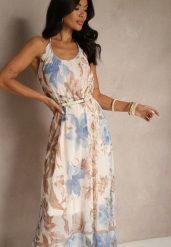 Beżowa Kwiatowa Sukienka Siateczkowa z Wiskozą Izurelia. Brązowe sukienki damskie Renee, bez wzorów, z wiskozy, eleganckie, bez ramiączek. W wyprzedaży za 99.99 zł.