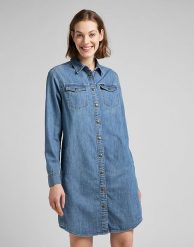 LEE SHIRT DRESS DAMSKA SUKIENKA JEANSOWA DŻINS MID STONE L50DPLVK 112145226. Sukienki damskie Lee, bez wzorów, z jeansu, bez ramiączek. Za 179.99 zł.