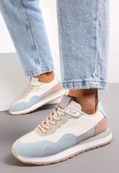 Biało-Niebieskie Sneakersy Zdobione Wstawkami z Imitacji Skóry Fayela. Białe obuwie sportowe damskie Renee, ze skóry, bez zapięcia. Za 79.99 zł.