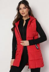 Czerwona Pikowana Kamizelka Bezrękawnik z Kieszeniami i Wysokim Kołnierzem Bellamis. Czerwone kamizelki damskie Born2be, l, bez wzorów, bez kaptura. Za 119.99 zł.