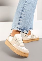 Beżowo-Białe Sneakersy na Płaskiej Podeszwie Ozdobione Przeszyciami i Perforacją Nealiora. Brązowe obuwie sportowe damskie Renee, z jeansu, bez zapięcia. Za 74.99 zł.