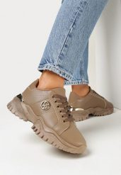 Ciemnobeżowe Sneakersy na Grubej Podeszwie z Metaliczną Wstawką Kabama. Brązowe obuwie sportowe damskie Born2be, bez zapięcia. Za 44.99 zł.