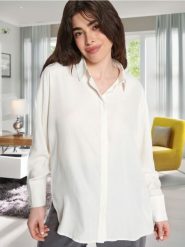 Koszula - kremowy. Białe koszule damskie Sinsay, l, bez wzorów, ze skóry, eleganckie, bez kołnierzyka, bez ramiączek. Za 49.99 zł.