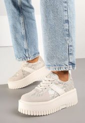 Beżowe Sneakersy w Stylu Tenisówek na Platformie z Tłoczeniami Ozdobione Wężowym Printem Firreis. Brązowe kombinezony damskie Born2be, bez wzorów, z jeansu, casualowe, bez kołnierzyka, bez ramiączek. Za 84.99 zł.
