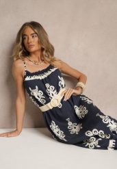 Granatowa Rozkloszowana Sukienka na Ramiączkach w Ornamentalny Print Reveleine. Niebieskie sukienki damskie Renee, z aplikacjami, bez ramiączek. W wyprzedaży za 55.99 zł.
