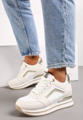 Beżowe Sneakersy na Ukrytym Koturnie z Metaliczną Wstawką i Brokatem Forcia. Brązowe obuwie sportowe damskie Born2be, z materiału, bez zapięcia. Za 119.99 zł.