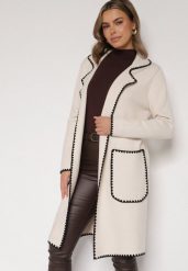 Beżowy Kardigan Ozdobiony Lamówką Tusbena. Brązowe kardigany damskie Born2be, bez wzorów, z jeansu. Za 139.99 zł.