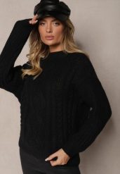 Czarny Sweter z Wiskozą i Ozdobnym Splotem Mialiana. Czarne swetry klasyczne damskie Renee, m, z jeansu, bez kołnierzyka. Za 64.99 zł.