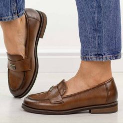 Brązowe skórzane mokasyny damskie Potocki 19465. Brązowe mokasyny damskie POTOCKI, na jesień, z jeansu, z okrągłym noskiem, bez obcasa. Za 229.00 zł.