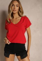 Czerwony T-shirt z Bawełny z Dekoltem w Serek Linithiela. Czerwone t-shirty damskie Renee, l, bez wzorów, z bawełny, bez kołnierzyka. Za 39.99 zł.