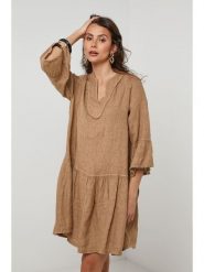 Lin Passion Lniana sukienka w kolorze jasnobrązowym rozmiar: 36/38. Brązowe sukienki damskie Lin Passion, bez wzorów, ze lnu, klasyczne, bez ramiączek. Za 173.99 zł.
