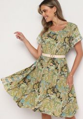 Żółto-Zielona Wiskozowa Sukienka o Rozkloszowanym Kroju w Stylu Boho Melnea. Żółte sukienki damskie Born2be, bez wzorów, z wiskozy, boho, bez ramiączek. Za 89.99 zł.