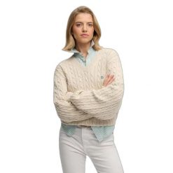 Damski oversize sweter z dekoltem w kształcie V Superdry. Brązowe swetry klasyczne damskie Superdry, na zimę, bez kołnierzyka. Za 284.00 zł.