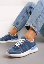 Granatowe Sneakersy z Jeansowego Materiału ze Złotymi Wstawkami i Ozdobnymi Przeszyciami Anilema. Niebieskie obuwie sportowe damskie Renee, z jeansu, bez zapięcia. Za 89.99 zł.