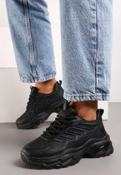 Czarne Sneakersy na Niskiej Platformie z Ozdobnymi Wstawkami na Cholewce Amrogia. Czarne obuwie sportowe damskie Renee, bez zapięcia. Za 79.99 zł.