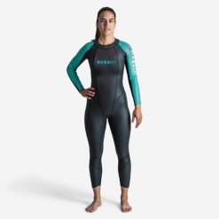 Kombinezon pływacki openwater damski Nabaiji OWS 500 z neoprenu 2/2 mm. Zielone kombinezony damskie NABAIJI, l, bez wzorów, z neoprenu, sportowe, bez kołnierzyka, bez ramiączek. Za 699.99 zł.