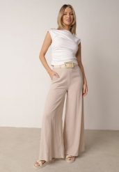 Beżowe Spodnie z Wiskozą o Szerokim Kroju z Wysokim Stanem i Paskiem Larailure. Brązowe spodnie materiałowe damskie Born2be, bez wzorów, z jeansu, długie. Za 129.99 zł.