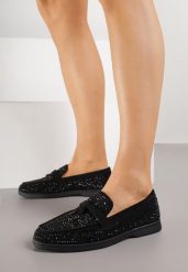 Czarne Mokasyny z Cyrkoniami i Ozdobami Distantsteam. Czarne mokasyny damskie Renee, bez obcasa. Za 99.99 zł.