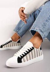 Biało-Czarne Sznurowane Sneakersy z Materiałową Wstawką i Okrągłym Noskiem Bowlie. Białe obuwie sportowe damskie Renee, z materiału, bez zapięcia. Za 74.99 zł.