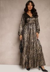 Czarno-Złota Sukienka w Panterkę o Rozkloszowanym Kroju z Falbankami i Gumką w Pasie Firintina. Czarne sukienki damskie Renee, bez wzorów, eleganckie, bez ramiączek. W wyprzedaży za 143.99 zł.