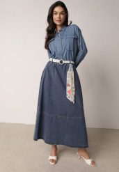 Granatowa Rozkloszowana Spódnica Jeansowa z Bawełny z Paskiem z Apaszką Ipharianne. Niebieskie spódnice damskie Born2be, do pracy, l, bez wzorów, z bawełny, biznesowe, midi. Za 179.99 zł.