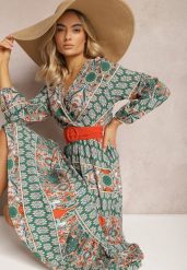 Zielona Sukienka Rozkloszowana z Paskiem Shara. Zielone sukienki damskie Renee, bez wzorów, z tkaniny, boho, bez ramiączek. W wyprzedaży za 111.99 zł.