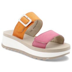 Różowe Klapki Rieker Stylowe Obuwie Damskie. Czerwone klapki damskie Rieker, bez wzorów, bez obcasa, na platformie, bez zapięcia. Za 289.00 zł.