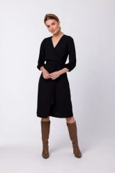 Sukienka elegancka kopertowa z bufiastymi rękawami czarna. Czarne sukienki damskie Stylove, bez wzorów, z elastanu, biznesowe, bez ramiączek. Za 189.00 zł.